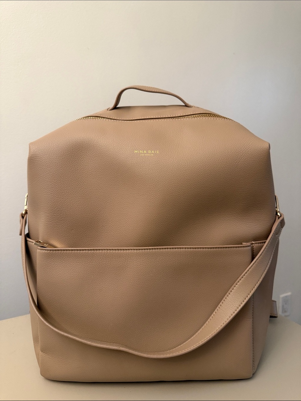 Mina Bae Beige Vegan Leather Convertible Baby Bag Backpack